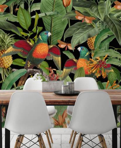 papel pintado loros, polillas y selva