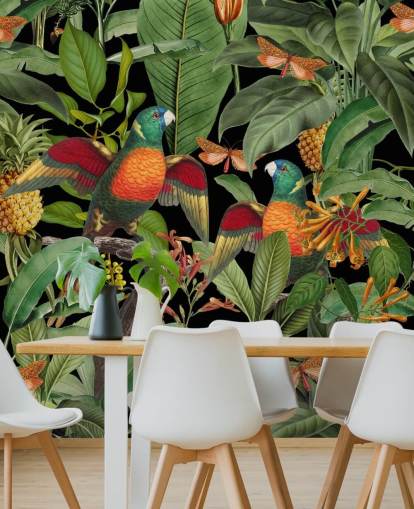 papel pintado loros, polillas y selva