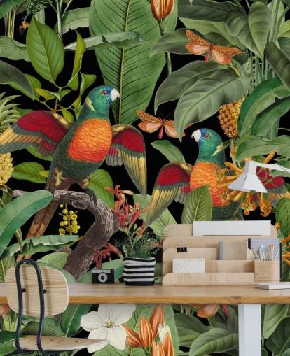 papegaaien, motten en jungle behang