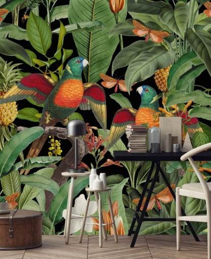 papier peint perroquets, papillons de nuit et jungle