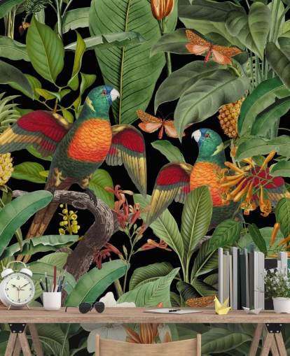 papagaios, mariposas e papel de parede da selva