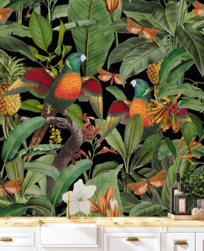 parrots, moths and jungle wallpaper