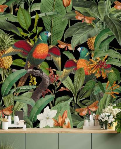 parrots, moths and jungle wallpaper