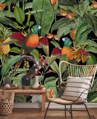 papagaios, mariposas e papel de parede da selva