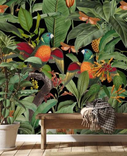 parrots, moths and jungle wallpaper
