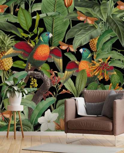 papel pintado loros, polillas y selva papel pintado loros, polillas y selva