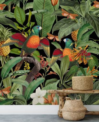 papagaios, mariposas e papel de parede da selva