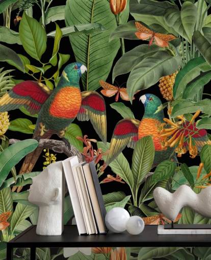 parrots, moths and jungle wallpaper