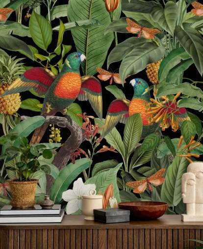 papegaaien, motten en jungle behang