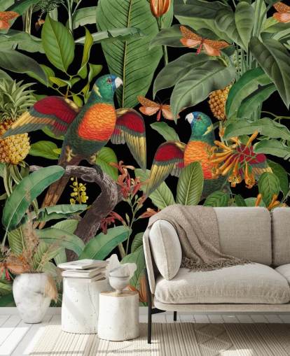papel pintado loros, polillas y selva