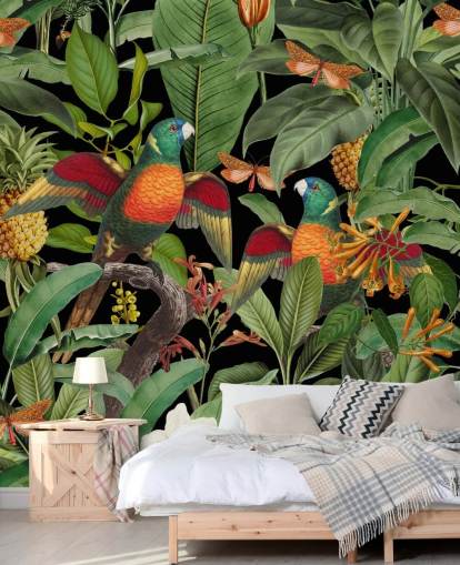 papagaios, mariposas e papel de parede da selva
