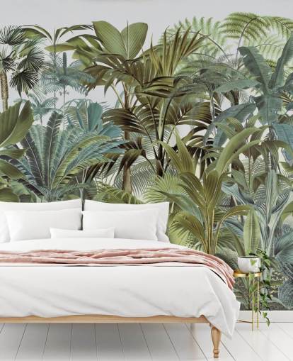 vintage groene op maat gemaakte palmblad jungle behangmuurschildering genaamd Tropical Landscape 2 van Andrea Haase voor slaapkamers