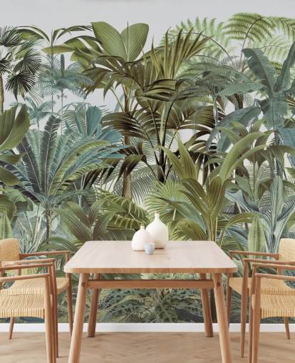 Andrea Haasen vintage-vihreä mukautettu palmunlehtiviidakon taustakuvamaalaus nimeltä Tropical Landscape 2 makuuhuoneisiin