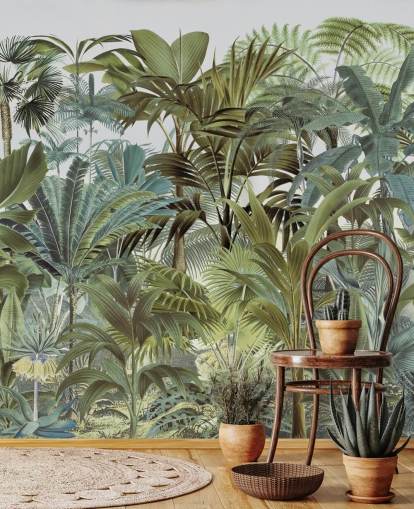 vintage groene op maat gemaakte palmblad jungle behangmuurschildering genaamd Tropical Landscape 2 van Andrea Haase voor slaapkamers vintage groene op maat gemaakte palmblad jungle behangmuurschildering genaamd Tropical Landscape 2 van Andrea Haase voor slaapkamers