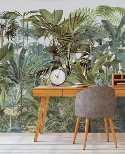 vintage grønt brugerdefineret palmebladjungle-tapetmaleri kaldet Tropical Landscape 2 af Andrea Haase til soveværelser vintage grønt brugerdefineret palmebladjungle-tapetmaleri kaldet Tropical Landscape 2 af Andrea Haase til soveværelser