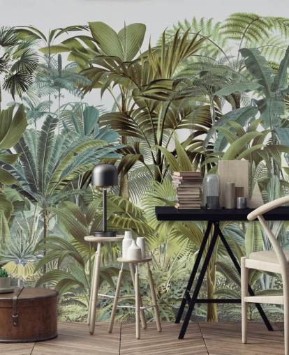 vintage groene op maat gemaakte palmblad jungle behangmuurschildering genaamd Tropical Landscape 2 van Andrea Haase voor slaapkamers