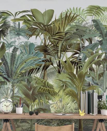 vintage green custom palm leaf jungle wallpaper mural called Tropical Landscape 2 by Andrea Haase for bedrooms