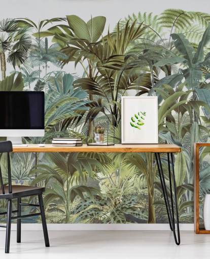mural de papel de parede de selva de folhas de palmeira personalizado verde vintage chamado Tropical Landscape 2 de Andrea Haase para quartos