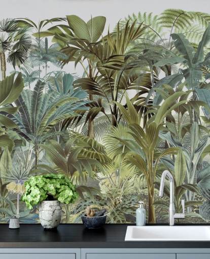 vintage grønt tilpasset palmebladjungel tapetmaleri kalt Tropical Landscape 2 av Andrea Haase for soverom vintage grønt tilpasset palmebladjungel tapetmaleri kalt Tropical Landscape 2 av Andrea Haase for soverom