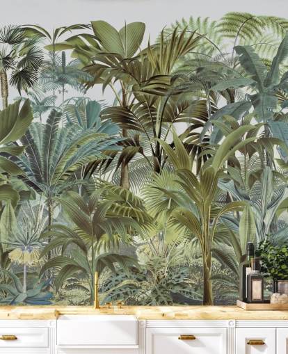 vintage groene op maat gemaakte palmblad jungle behangmuurschildering genaamd Tropical Landscape 2 van Andrea Haase voor slaapkamers