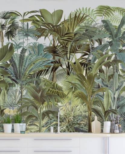 vintage groene op maat gemaakte palmblad jungle behangmuurschildering genaamd Tropical Landscape 2 van Andrea Haase voor slaapkamers vintage groene op maat gemaakte palmblad jungle behangmuurschildering genaamd Tropical Landscape 2 van Andrea Haase voor slaapkamers