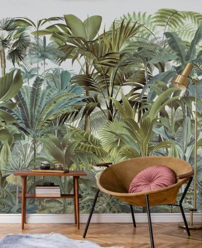 vintage grønt brugerdefineret palmebladjungle-tapetmaleri kaldet Tropical Landscape 2 af Andrea Haase til soveværelser