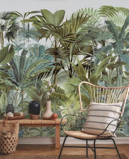 mural de papel de parede de selva de folhas de palmeira personalizado verde vintage chamado Tropical Landscape 2 de Andrea Haase para quartos