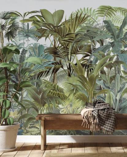 mural de papel de parede de selva de folhas de palmeira personalizado verde vintage chamado Tropical Landscape 2 de Andrea Haase para quartos mural de papel de parede de selva de folhas de palmeira personalizado verde vintage chamado Tropical Landscape 2 de Andrea Haase para quartos