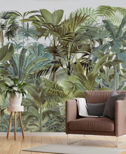 papier peint mural vintage vert personnalisé en feuille de palmier appelé Tropical Landscape 2 par Andrea Haase pour chambres papier peint mural vintage vert personnalisé en feuille de palmier appelé Tropical Landscape 2 par Andrea Haase pour chambres