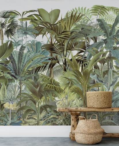 vintage green custom palm leaf jungle wallpaper mural called Tropical Landscape 2 by Andrea Haase for bedrooms