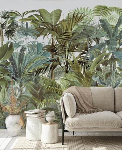vintage groene op maat gemaakte palmblad jungle behangmuurschildering genaamd Tropical Landscape 2 van Andrea Haase voor slaapkamers