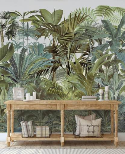 mural de papel de parede de selva de folhas de palmeira personalizado verde vintage chamado Tropical Landscape 2 de Andrea Haase para quartos