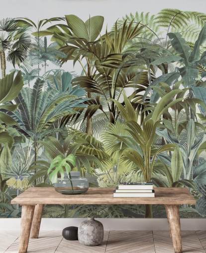 mural de papel pintado verde vintage personalizado con hojas de palmera llamado Tropical Landscape 2 de Andrea Haase para dormitorios