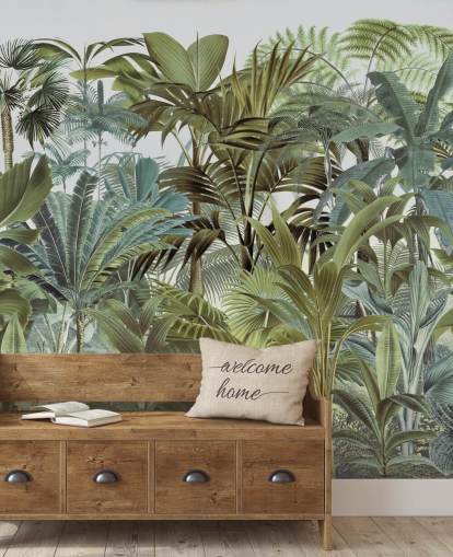 mural de papel pintado verde vintage personalizado con hojas de palmera llamado Tropical Landscape 2 de Andrea Haase para dormitorios
