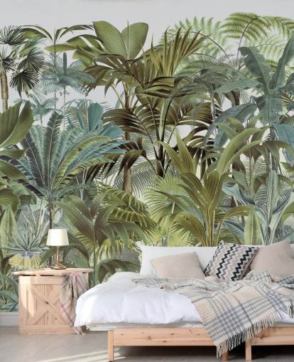 vintage green custom palm leaf jungle wallpaper mural called Tropical Landscape 2 by Andrea Haase for bedrooms