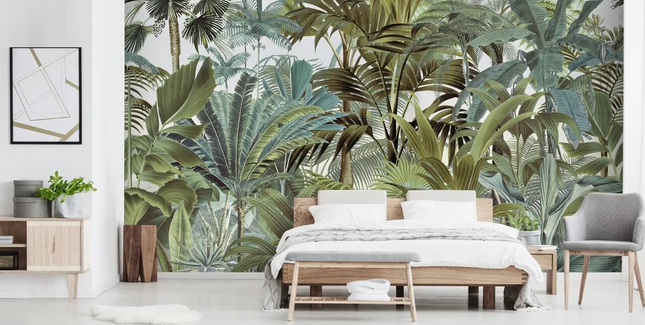 mural de papel de parede de selva de folhas de palmeira personalizado verde vintage chamado Tropical Landscape 2 de Andrea Haase para quartos