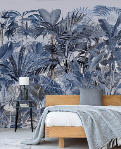 blue palm leaf jungle wallpaper