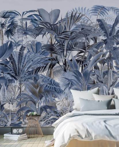 papier peint jungle feuille de palmier bleu
