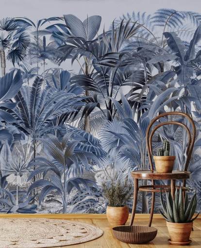 papel de parede azul folha de palmeira