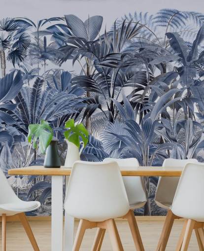 blauw palmblad jungle behang