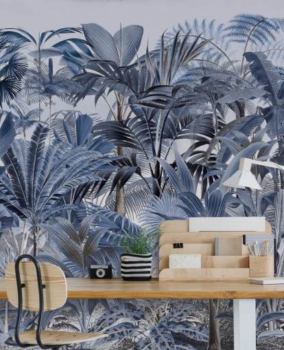 papier peint jungle feuille de palmier bleu