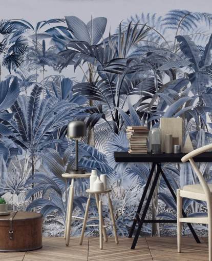 blauw palmblad jungle behang blauw palmblad jungle behang
