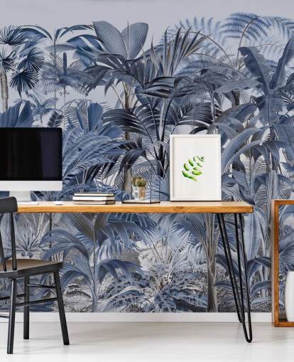 blå palme blad jungle tapet