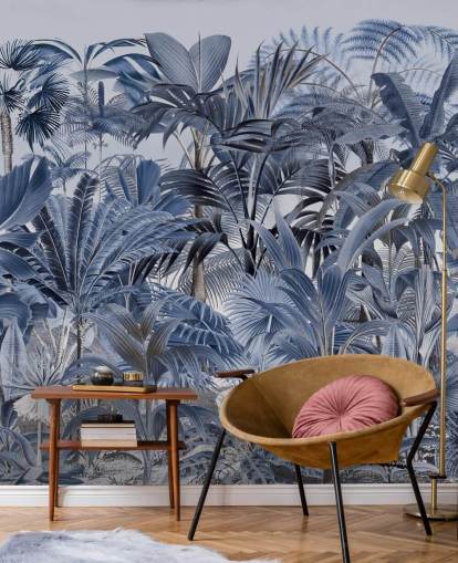 blue palm leaf jungle wallpaper