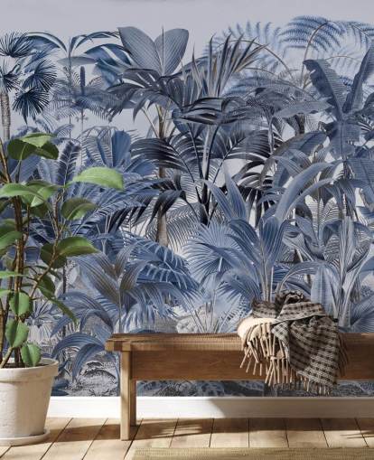 papier peint jungle feuille de palmier bleu papier peint jungle feuille de palmier bleu