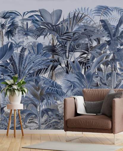blue palm leaf jungle wallpaper
