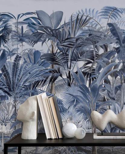 papier peint jungle feuille de palmier bleu