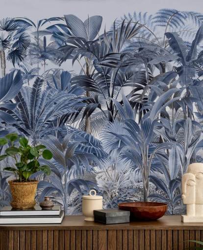 blue palm leaf jungle wallpaper