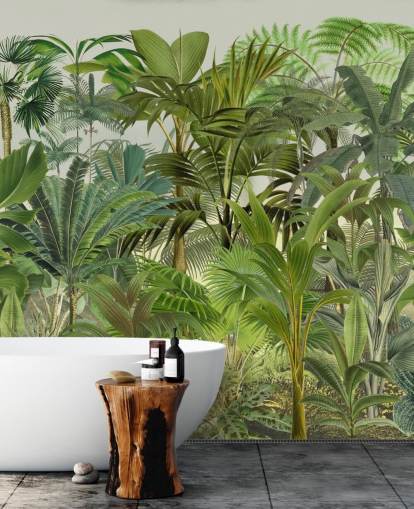 mural de papel de parede de folhas verdes personalizáveis chamado Tropical Landscape de Andrea Haase para lounges