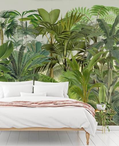 mural de papel pintado con hojas verdes personalizable llamado Tropical Landscape de Andrea Haase para salones